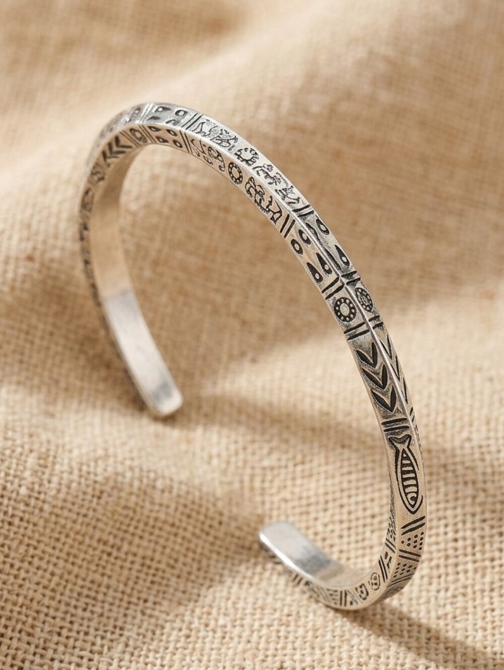Engraved Silver Tone Tribal Cuff Bracelet Adjustable Unisex